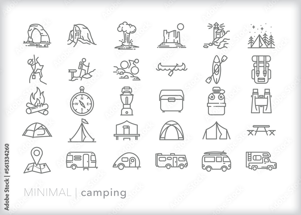 Set of camping line icons of activities, places, and items for spending ...