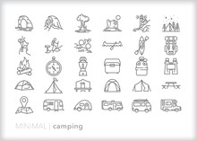 Set Of Camping Line Icons Of Activities, Places, And Items For Spending Time In The Great Outdoors While Camping, On Holiday, Or On Vacation