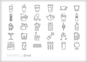 Set of drink line icons of beverages to make at home or buy at a restaurant, cafe, or bar