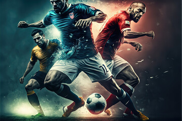 Wall Mural - Soccer players in action, dynamic image with grunge, splash look, Generative Ai, Not a real person