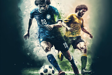 Wall Mural - Soccer players in action, dynamic image with grunge, splash look, Generative Ai, Not a real person