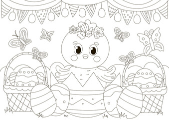 Wall Mural - Cute coloring page for easter holidays with chick character in egg shell and baskets with eggs and flowers