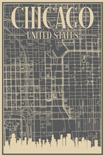 Grey Hand-drawn Framed Poster Of The Downtown CHICAGO, UNITED STATES OF AMERICA With Highlighted Vintage City Skyline And Lettering
