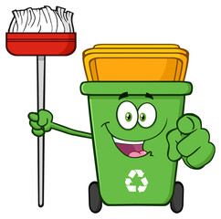 Wall Mural - Open Green Recycle Bin Cartoon Mascot Character Holding A Broom And  Pointing For Cleaning. Hand Drawn Illustration Isolated On Transparent Background