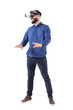 Leinwandbild Motiv Excited young business man watching vr glasses laughing and gesturing with hands. Full body isolated on transparent background.