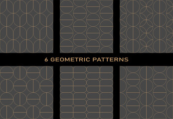 A set of 6 geometric seamless patterns made in the same style. Dark gray background, golden lines, geometric shapes and minimalism.