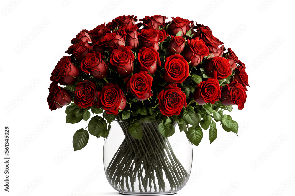 Big bouquet of red roses in a vase isolated white background ...