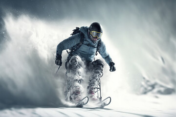 Disabled man skiing on snow with wheelchair