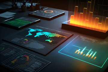 Business economic charts with light effects, neon. Abstract neon background, growth and fall analytics. Made by AI