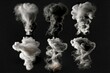 set of smoke or steam clouds flame isolated on black background