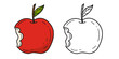 Red bitten apple coloring book with an example of coloring for children. Coloring page with an apple. Monochrome and color version. Vector children's illustration.