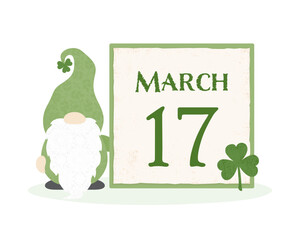 A gnome standing with a calendar date for Saint Patrick's Day, in a cut paper style with textures
