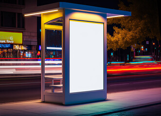 Wall Mural - Mockup blank white sign at bus stop, night. Generative AI