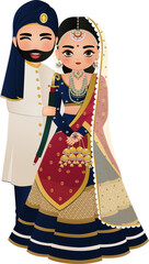 Wall Mural - Cute hindu couple in traditional indian dress cartoon character.Romantic wedding invitation card