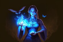 Cute Cartoon Witch. Adorable Witch Summons Blue Butterfly Insect. The Witch Summons A Glowing Blue Butterfly With Magic Power, Digital Art Style, Illustration Painting.