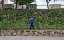 Niño Caminando Sobre Un Bordillo En Un Parque En Una Tarde De Invierno.