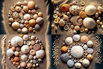 Poster -  a series of photos of seashells and shells on a beach sand background and a picture of shells on the sand and shells on the beach, and in the sand, and in the.