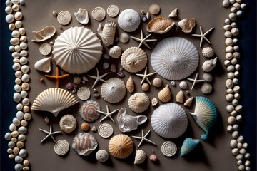 Poster -  a group of sea shells on a table with pearls around them and a starfish on the side of the table, with a blue border around the shells on the table, and a brown background.