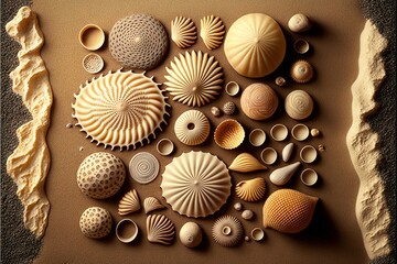 Poster -  a group of seashells are arranged on a brown surface with a black border around them and a black border around them, with a black border around the edges, and a black border.