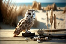  A Owl Sitting On A Branch Next To A Dead Plant And A Dead Bird On A Beach With A Background Of Sand And Seaweed Stalks And Sand And A Blue Sky With A Few.