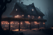 A Tavern In A Foggy Medieval Twilight Forest Village, Created By A Neural Network, Generative AI Technology