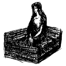 Captive Witch Girl Sitting In A Cart. Virgin Mary. Hand Drawn Linear Doodle Rough Sketch. Black Silhouette On White Background.
