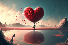 Valentine's Day Illustration Couple Standing In Front Of A Love Tree Lake Water Lovely Colour