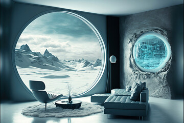 Living-room with view on a frozen planet