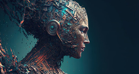 Side view of a humanoid cyber girl with a neural network. Artificial intelligence Digital brain learning to process big data. AI generative.