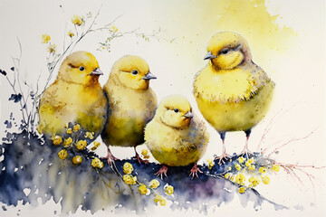 Wall Mural - Group of Easter chicks watercolor, Generative AI