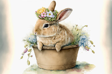 Wall Mural - Easter bunny in basket watercolor, Generative AI