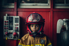 a young child, a little boy, a fireman wearing a helmet with fic