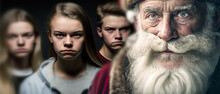 Smiling And Friendly Santa Claus, Relaxed Facial Expression And In The Background Angry Or Upset Or Stressed Teenagers Teenagers. Generative AI