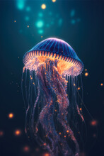 A Vibrant Bioluminescent Jellyfish In Dark Blue Water, Generative Ai