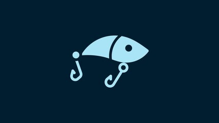 Sticker - White Fishing lure icon isolated on blue background. Fishing tackle. 4K Video motion graphic animation