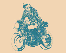 Man Is Riding A Motorcycle Vintage Illustration