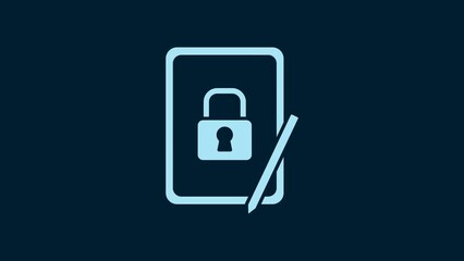 Poster - White Graphic tablet with closed padlock icon isolated on blue background. Phone with lock. Mobile security, safety, protection concept. 4K Video motion graphic animation