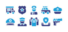 Police Icon Set. Duotone Color. Vector Illustration. Containing Police Van, Police Badge, Police, Police Car, Police Hat, Policeman, Riot Police, Police Call, Gun.