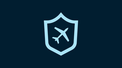 Sticker - White Plane with shield icon isolated on blue background. Flying airplane. Airliner insurance. Security, safety, protection, protect concept. 4K Video motion graphic animation