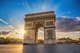 Fototapeta Tulipany - Paris France sunset city skyline at Arc de Triomphe and Champs Elysees