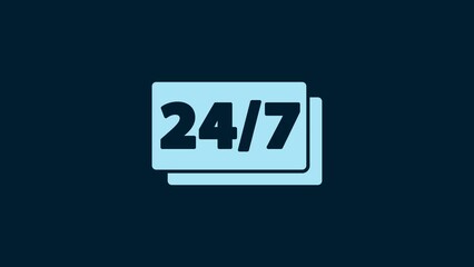 Sticker - White Clock 24 hours icon isolated on blue background. All day cyclic icon. 24 hours service symbol. 4K Video motion graphic animation