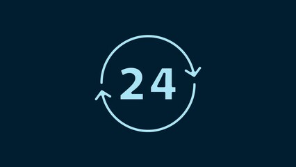 Sticker - White Clock 24 hours icon isolated on blue background. All day cyclic icon. 24 hours service symbol. 4K Video motion graphic animation