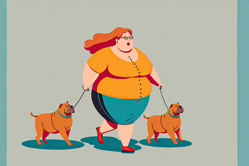 Wall Mural - Woman walking dogs, flat vector illustration made with Generative AI
