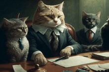 Group Of Cats Dressed In Suits And Ties, Gathered Around A Conference Table In A Boardroom (AI Generated)