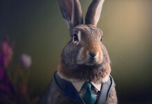Close-up Shot Of A Rabbit Wearing A Suit, Looking Confident And Professional, Representing The Idea Of A Successful And Ambitious Business Rabbit (AI)