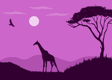African Wildlife Landscape Vector Illustration With Purple Silhouettes