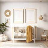 Bright minimalist boho nursery wall with 2 frames above crib, AI assisted finalized in Photoshop by me 