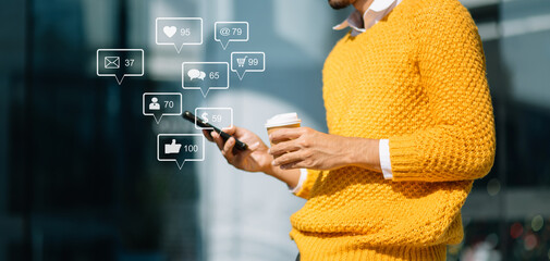 Wall Mural - asian man typing smartphone, keyboard with laptop computer of.social media and marketing virtual ico
