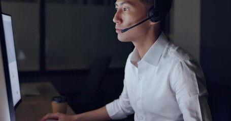 Poster - Call center, business man and computer with contact us, CRM and communication at desk with headset. Telemarketing, customer service or tech support, Asian consultant with keyboard and internet search