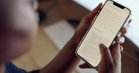 Poster - Smartphone, person reading contract and hands scroll with screen zoom and digital legal document with information Technology, communication and employee deal with human resources and mobile phone